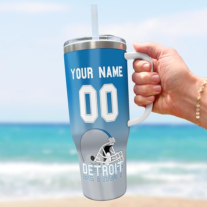 Personalized Football Tumbler with Handle & Straw, 40oz Stainless Steel Insulated Travel Mug, Name & Number Cup, Game Day Fan Gift (Detroit Colors)