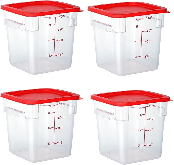 4 Pack Clear Food Storage Containers with Lids and Handles Polycarbonate Square Commercial Food Containers, NSF (8Qt)