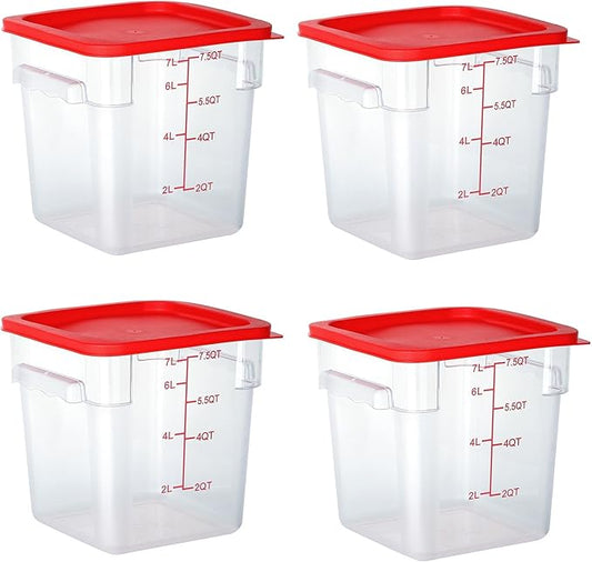 4 Pack Clear Food Storage Containers with Lids and Handles Polycarbonate Square Commercial Food Containers, NSF (8Qt)