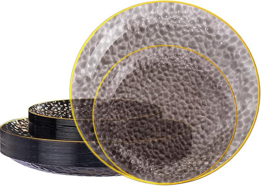SUT 36Pcs Black Plastic Plates, Hammered Plates Disposable Heavy Duty, Black Disposable Plates With Gold Rim, Fancy Plastic plates Include 18 Dinner and 18 Dessert plates for Wedding