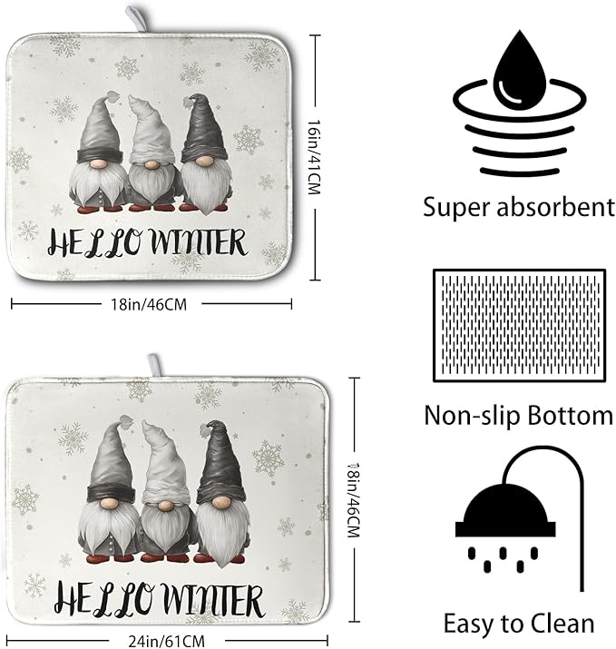 Winter Gnome Dish Drying Mat for Kitchen Counter 18x24 Christmas Snowflakes Santa Kitchen Drying Mat Hello Winter Dish Drainer Mat Super Absorbent Dish Rack Mat for Coffee Bar Countertop