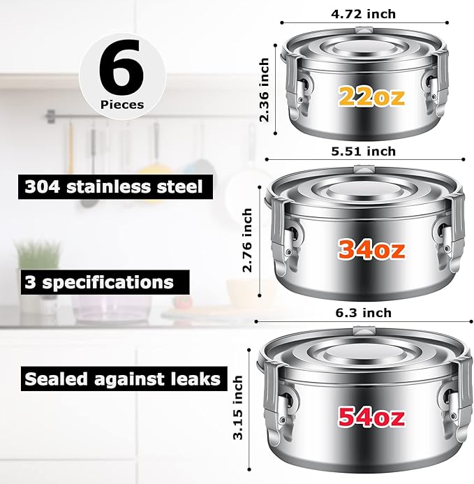 Zopeal 6 Pcs Stainless Steel Food Storage Containers with Lid Bento Lunch Boxes Reusable Metal Flat Canisters for Camping Trips Picnic Snacks Soups Salads Leftovers, 3 Sizes (22oz, 34oz, 54oz)