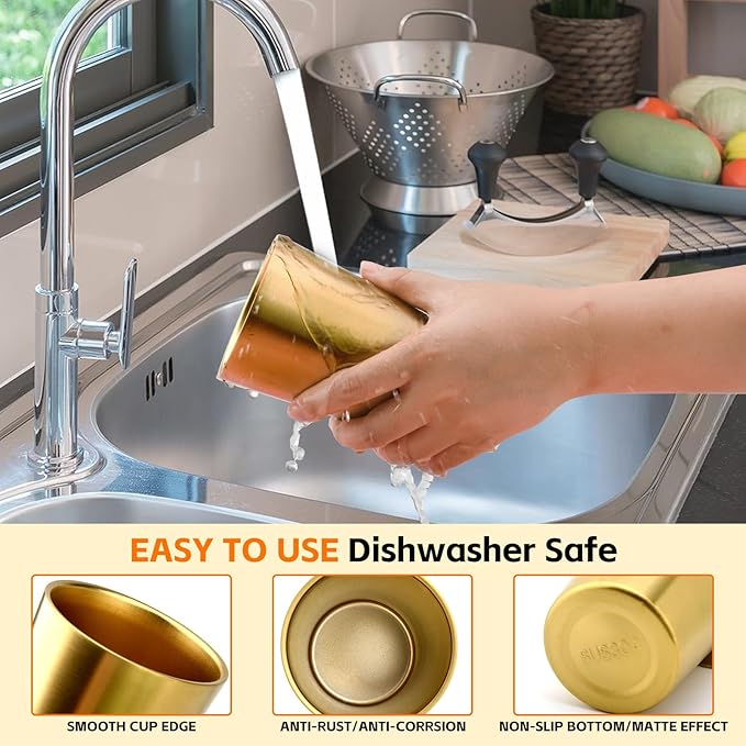 5 Pack 12 oz Stainless Steel Insulated Cup, Double Wall Vacuum Small Metal Cup, Reusable Camping Cups Unbreakable Indoor Outdoor for Party, Home, Office, BBQ, Gold