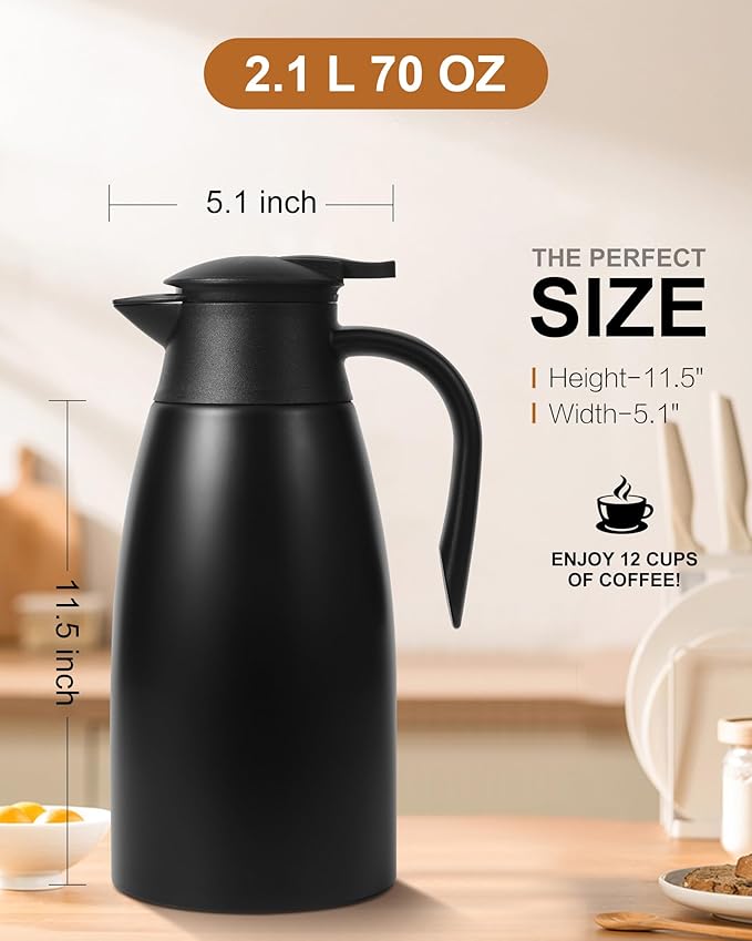 70oz Thermal Coffee Carafe for keeping hot,Updated Carafes for hot liquid, Stainless Steel Insulated Thermal Pot for Coffee, Hot Water,Keep Hot 12 Hours (Black 2.1 L)