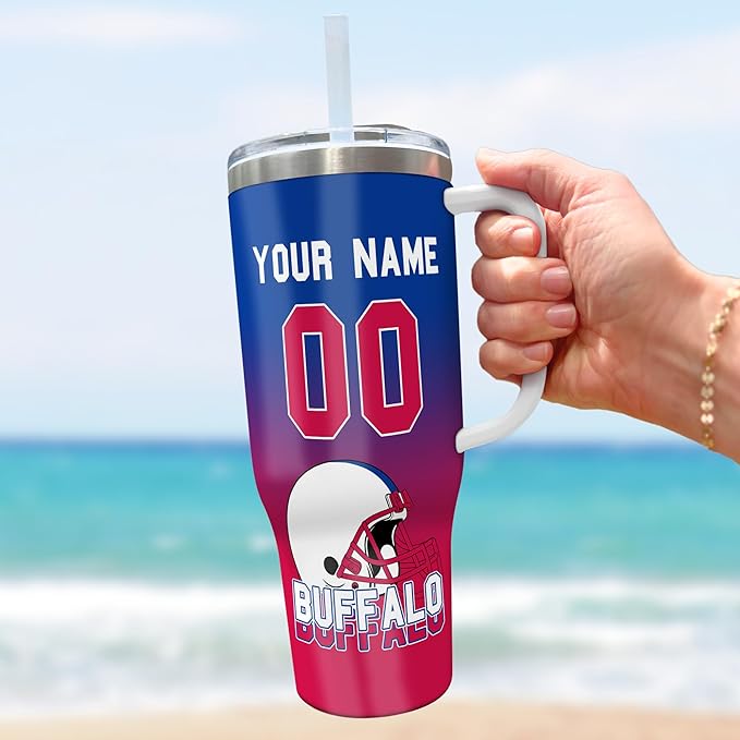 Personalized 40oz Football Stainless Steel Tumbler with Handle & Straw, Custom Insulated Travel Mug, Add Name & Number Cup, Tailgating Gift for Fans (Buffalo Colors)