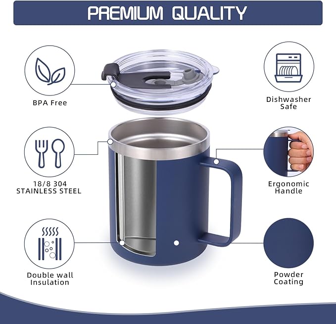 Volhoply 12oz Insulated Leakproof Coffee Mug with Flip & Straw Lid Bulk 4 Pack,Double Wall Vacuum Stainless Steel Travel Tumbler Cup with Handle,Camping Mugs Keep Cold/Hot(Navy,4 Set)