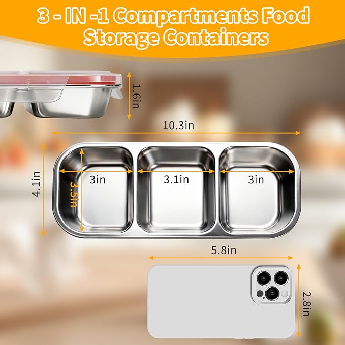 3 Pack 304 Stainless Steel Snack Containers, Reusable Leek Proof Metal Lunch Box with 3 Compartment, Food Storage Containers for Home, Work, Travel