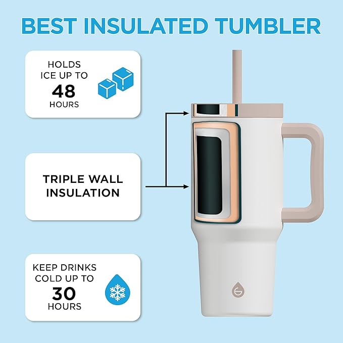 GROSCHE ASPEN 32 oz Tumbler with Handle and Straw. Extreme Insulation, Classy Design, Built to Last Insulated Stainless Steel Tumbler with Handle, Lid and Straw - Cream White