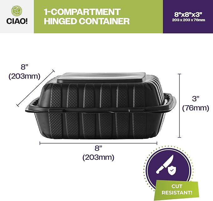 CIAO! 8"x8"X3" MFPP Black Hinged Container With Lid 1 Compartment (Case of 200)