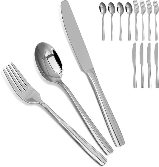 Silverware Set,18/10 Stainless Steel 12Piece Silverware Set with Knives Spoon Forks Set for Home, Kitchen and Restaurant, Mirror Polished& Dishwasher Safe