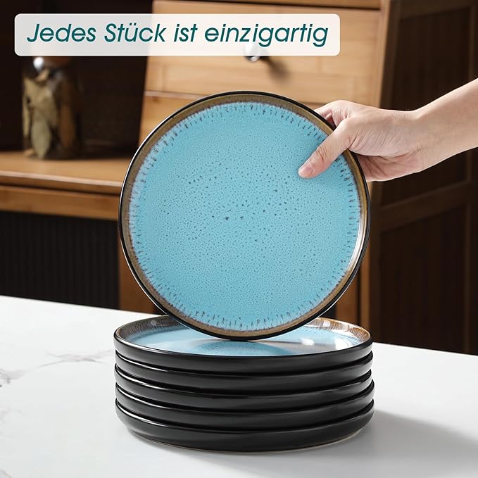 vancasso Plates and Bowls Sets, 18 Pieces Stoneware Dinnerware Sets for 6, Kitchen Dish Set Mircowave and Dishwasher Safe Dinner Set Ceramic Dishware, Sky Blue, Series AMBER