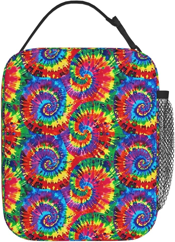 Reusable Tie Dye Lunch Box for Kids Girls Boys Women Adult, Insulated Spiral Lunch Bag,Polyester Cooler Abstract Handbags Case for School Picnic Work Travel Beach or Hiking (Vibrant)