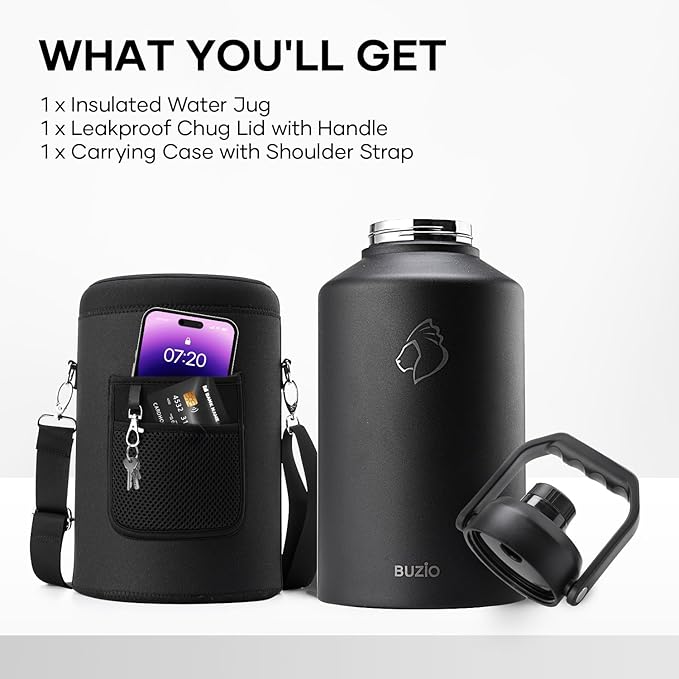 BUZIO 1.5 Gallon Water Bottle Insulated, (Cold for 48 Hrs) 196oz Large Water Jug Stainless Steel, 3.58in Big Wide Mouth Leak Proof BPA Free Flask with Carrying Sleeve for Camping,Gym,Travel, Black