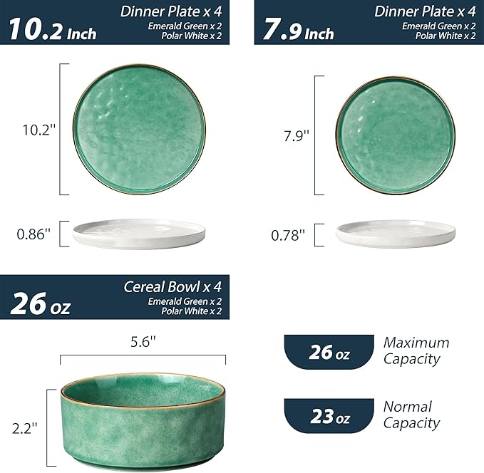 LIANYU Dinnerware Dish Sets for 4, 12 Piece Plates and Bowls Dinner Set, Stoneware Dish Tableware for Dessert Salad Pasta, Microwave & Dishwasher Safe, Polar White & Emerald Green