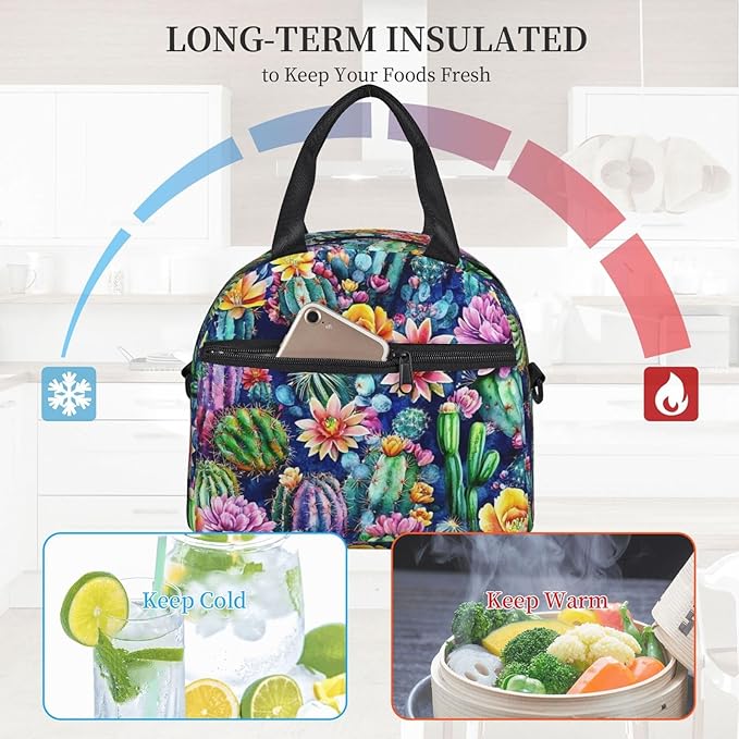 Cactus Reusable Insulated Lunch Box Waterproof Lunch Bag with Detachable and Adjustable Shoulder Strap for Office Picnic or Travel