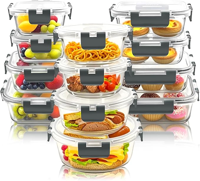 12 Pack Glass Food Storage Container Set with Snap Locking Lids Airtight, Stackable Borosilicate Glass Meal Prep Containers, Microwave, Oven, Freezer and Dishwasher Safe (Gray)