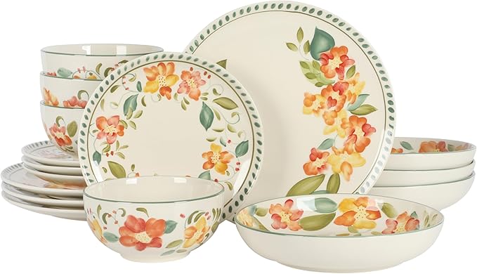 Bloomhouse Cassia Bud 16 Piece Double Bowl Hand Painted Stoneware Plates and Bowls Floral Dinnerware Set
