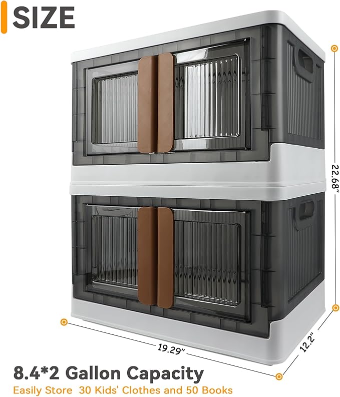 Storage Bin, Cabinet with Lids, 8.4 Gallon Capacity (Per One), 2 Pack, With Double Door and Locks, Foldable, Transparent, For Toys, Cloth, Books