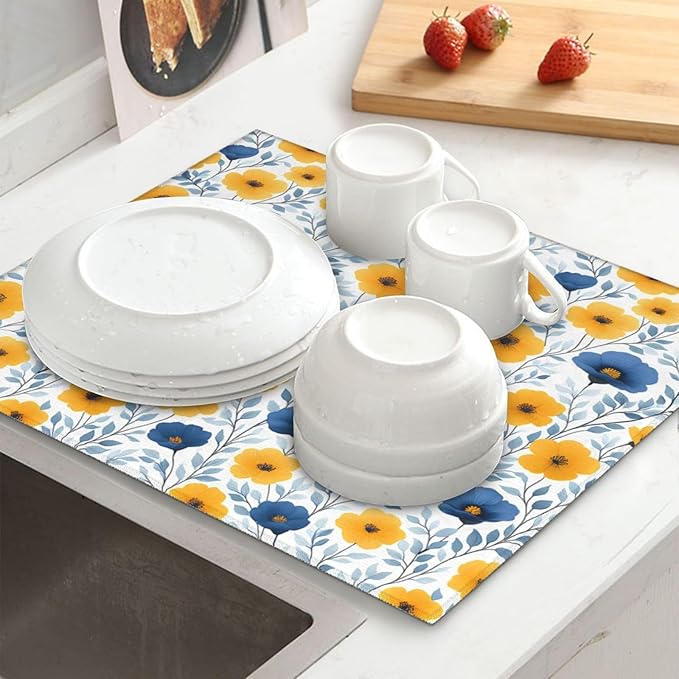 Blue Yellow Floral Dish Drying Mats for Kitchen Counter, 16" x 18" Absorbent Microfiber Drying Pad for Dishes, Decorative Kitchen Mat for Sink & Dining Area, Washable Foldable Reversible, Home Decor