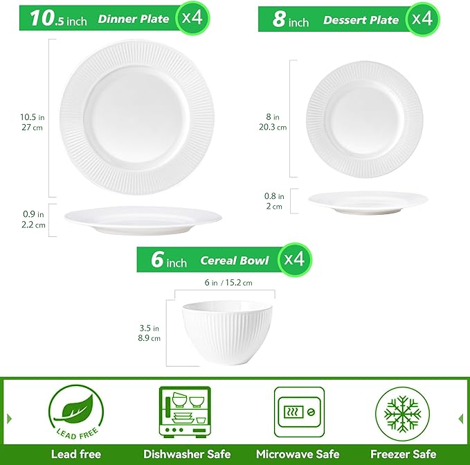12 Piece Porcelain Dinnerware Sets for 4, White Plates and Bowls Sets with Embossed Stripe Decro, Elegant Kitchen Dish Sets - Dishwasher and Microwave Safe, QOMO-1996