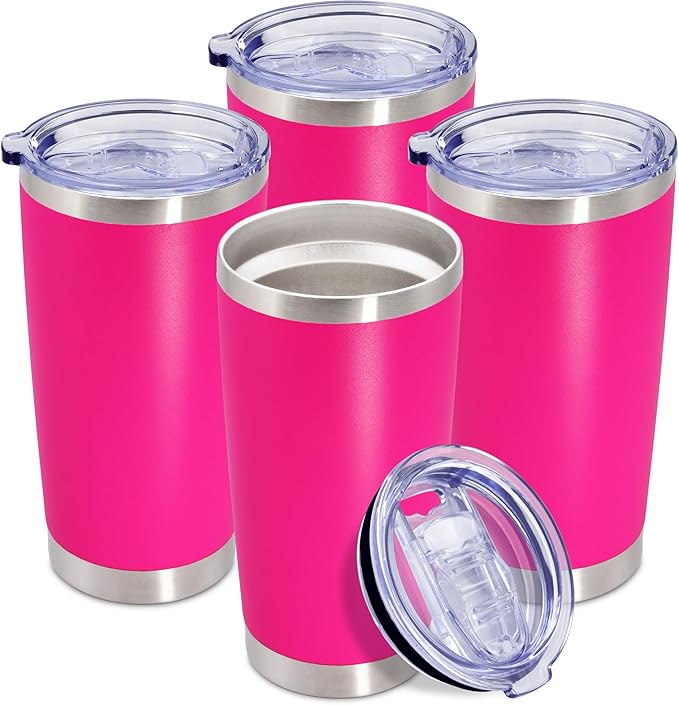 20 oz Tumbler Coffee Tavel Tumblers Bulk with Lid Stainless Steel Double Wall Vacuum Insulated Mug Powder Coated Cups fit Car Cupholder for Hot and Cold - Hot Pink, 4Pack