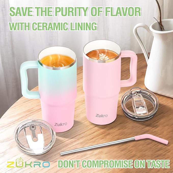 Zukro 24 oz Ceramic Lined Insulated Tumbler with Handle and Straw, No Metal Taste or Smell, Travel Coffee Mug with Spillproof Lids, No Sweat Stainless Steel Cup, Dishwasher Safe, Black