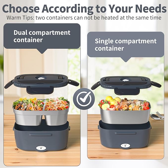 Vingud Electric Lunch Box for Adults, Heated Lunch Box with 2 Stainless Steel Container, 1.5L Portable 80W Food Warmer Lunch Box for Car/Truck/Work/Home Men, 110V/12V/24V/240V