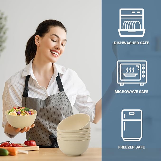 Wheat Straw Bowl, 26 OZ Cereal Bowls Set of 6, Unbreakable Plastic Bowls Reusable, Dishwasher and Microwave Safe Bowls for Kitchen, Camping, Serving Bowl for Soup, Cereal, Salad (Beige)