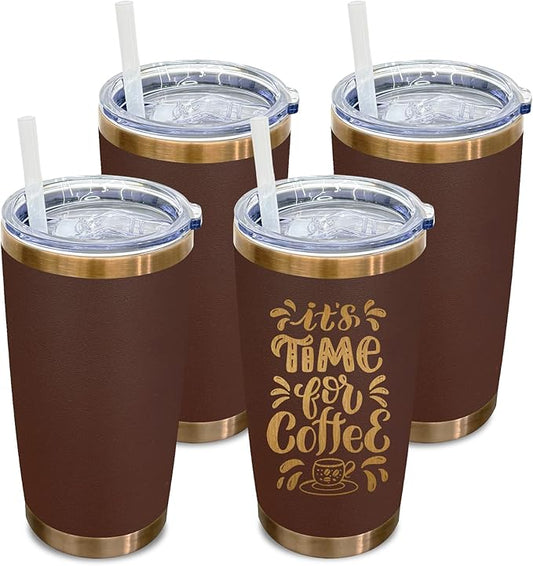 20 oz Tumbler Bulk 4 Pack Stainless Steel Tumblers with Lids and Straws, Double Wall Vacuum Insulated Travel Coffee Mug for Laser Engrave, Powder Coated Cups for Hot and Cold Drinks (Brown,4 pack)