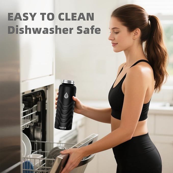 32oz Stainless Steel Insulated Water Bottle, 48H Cold & 24H Hot, Leak-Proof Wide Mouth Lids (Straw & Spout), BPA-Free Bottles, Mens Water Bottle for Gym, Hiking, Travel - Black