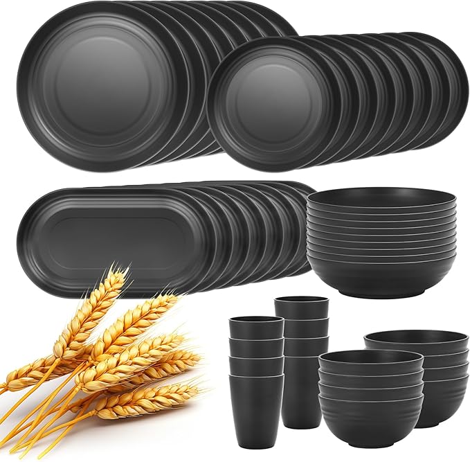 Lazycorner 48-Pcs Kitchen Wheat Straw Dinnerware Set, Service for 8, Plastic Reuasble Dinner Dishes Serving Plate Set for Kitchen, Including Dinner Plate, Dessert Plate, Bowl, Cup(Black)