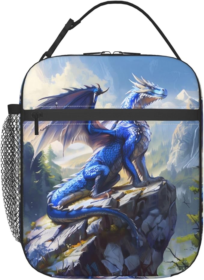 Reusable Blue Dragon Lunch Box for Kids Girls Boys Women Adult, Insulated Mountain Fantasy Art Lunch Bag,Polyester Cooler Handbags Case for School Picnic Work Travel Beach or Hiking