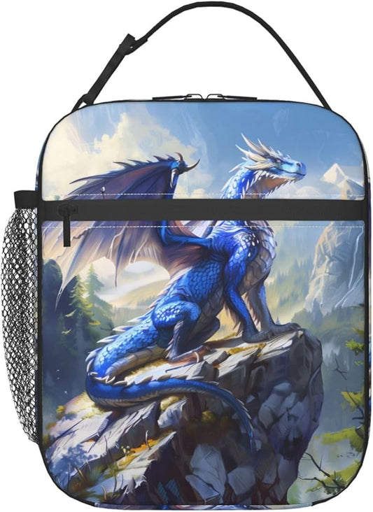 Reusable Blue Dragon Lunch Box for Kids Girls Boys Women Adult, Insulated Mountain Fantasy Art Lunch Bag,Polyester Cooler Handbags Case for School Picnic Work Travel Beach or Hiking