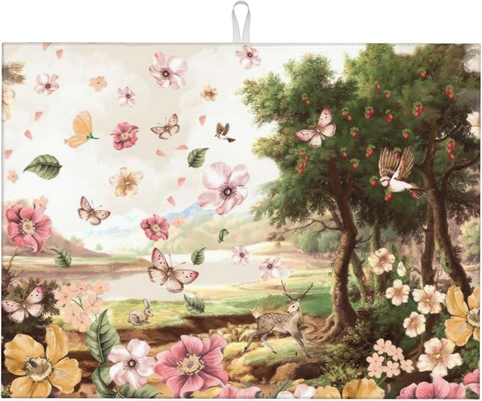 Retro Country Woods Deer Dish Drying Mat 18x24 Inch, Microfiber Absorbent Fast Dry Mat Flowers Butterfly Large Dish Mat Drying Kitchen Mat, Kitchen Drying Pad for Kitchen Counter Coffee Bar Decor