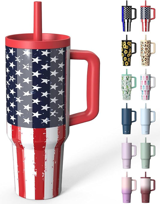 TILUCK 40 oz Tumbler with Handle, Vacuum Insulated Stainless Steel Travel Mug with 100% Leak-Proof Silicone Straw Lid, Cupholder Friendly Water Bottle(RedFlag, 40oz)