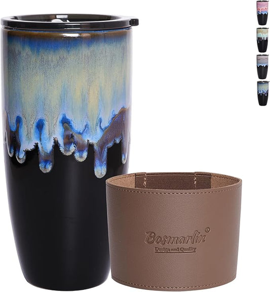 Bosmarlin Ceramic Travel Coffee Mug with Lid, 21 oz, Portable Coffee Cup for Car Cup Holder, Microwave and Dishwasher Safe, Reactive Glaze