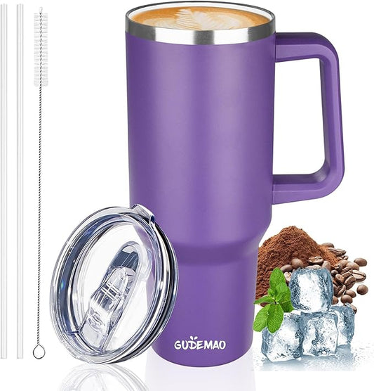 40 oz Insulated Coffee Mug with Ceramic Coating, Stainless Steel Travel Mug Tumbler with Handle Lid and Straw, Double Wall Leak-Proof Coffee Travel Mug Keeps Drink Hot and Cold (Purple)