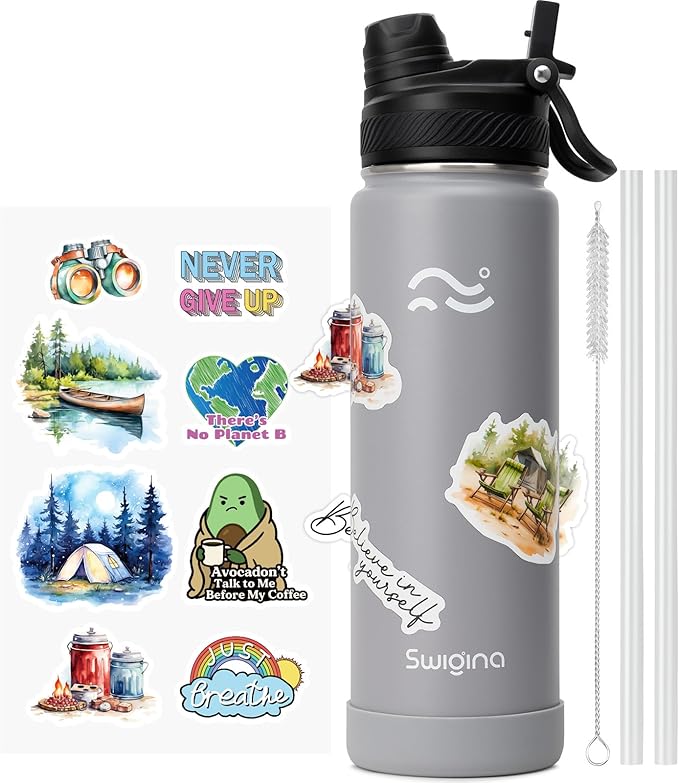 [2-IN-1 LID] Insulated Water Bottle with Silicone Boot (36hrs Cold/18hrs Hot) - DIY Stickers, Leakproof, BPA Free, 24 oz