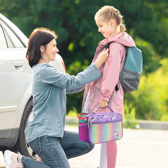 Bagseri Lunch Bag for Girls - Kids Lunch Box for Girls Reusable Leak-Proof and Insulated Kids Lunch Bag Toddler Lunch Box for Daycare and School, Glitter Purple Unicorn (Water Bottle Not Included)