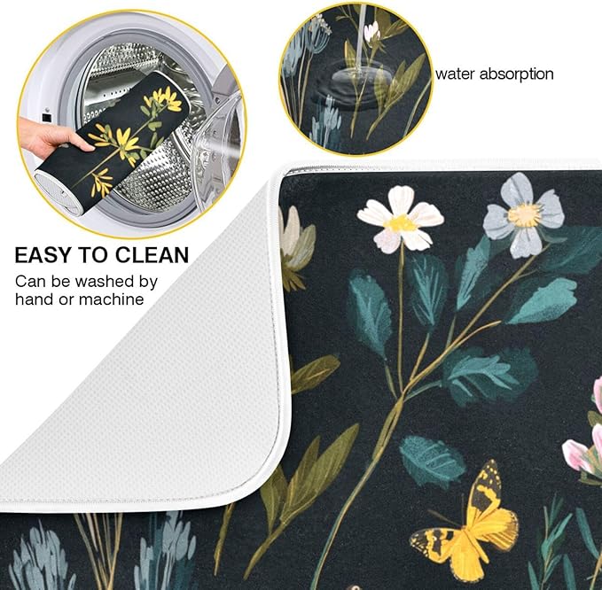 Wildflowers and Grasses Dish Drying Mat for Kitchen Counter Super Absorbent Dishes Pad Reversible Microfiber Protector Dish Draining Mats 18x24 inch