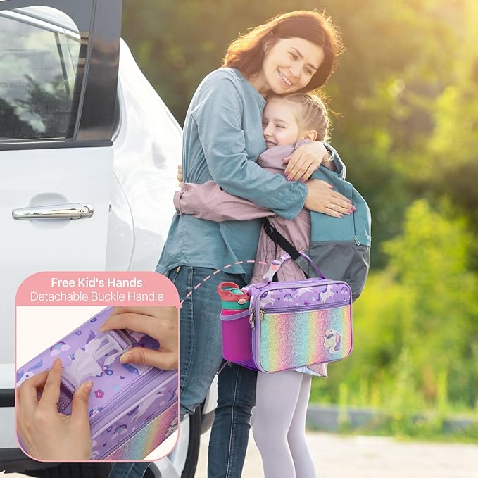 Bagseri Lunch Bag for Girls - Kids Lunch Box for Girls Reusable Leak-Proof and Insulated Kids Lunch Bag Toddler Lunch Box for Daycare and School, Glitter Purple Unicorn (Water Bottle Not Included)