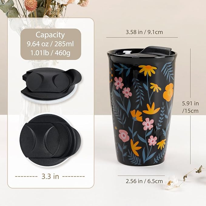 ANTIS'S HOME Ceramic Travel Mug with Lid, Flower Pattern Black Double Wall Coffee Mug Tumbler, Reusable Tall Cup, Splash Resistant Lid, Dishwasher Microwaveable Safe