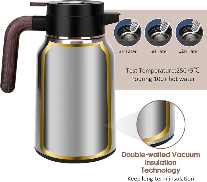 51oz Thermal Coffee Carafe, Stainless Steel Carafes for Hot Liquids 12 Hours, Insulated Coffee Carafes For Keeping Hot Coffee, Hot Water, Tea, Hot Beverage (Silver)