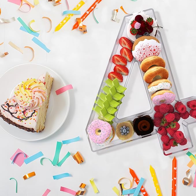 13.8" Extra Large Acrylic Number Charcuterie Board Box, Reusable Fillable Number Cake Candy Dish Display Serving Tray for Birthday Anniversary Party Decoration (4)