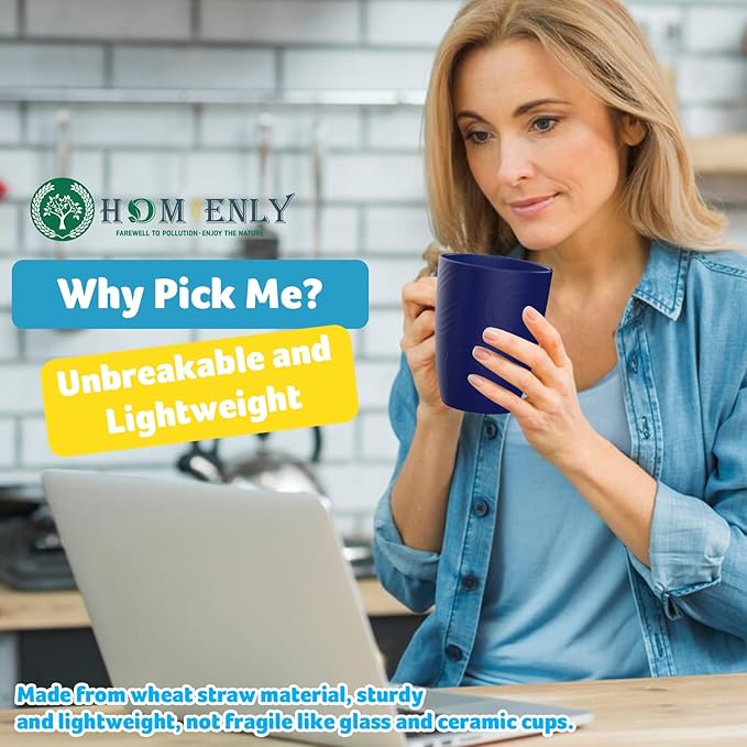 Homienly Wheat Straw Cups Set of 8, 12oz Drinking Cups, Plastic Cups Reusable Dishwasher Safe, Water Cups Set for Juice, Milk, Coffee - Ocean