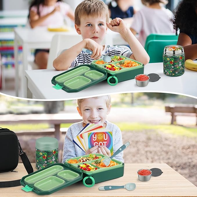Bento Lunch Box for Kids with 12oz Soup Thermo Leak-Proof Lunch Food Container with 5 Compartment Thermo Hot Food Jar and Insulated Lunch Bag for Kid Toddler Girls Boys to School