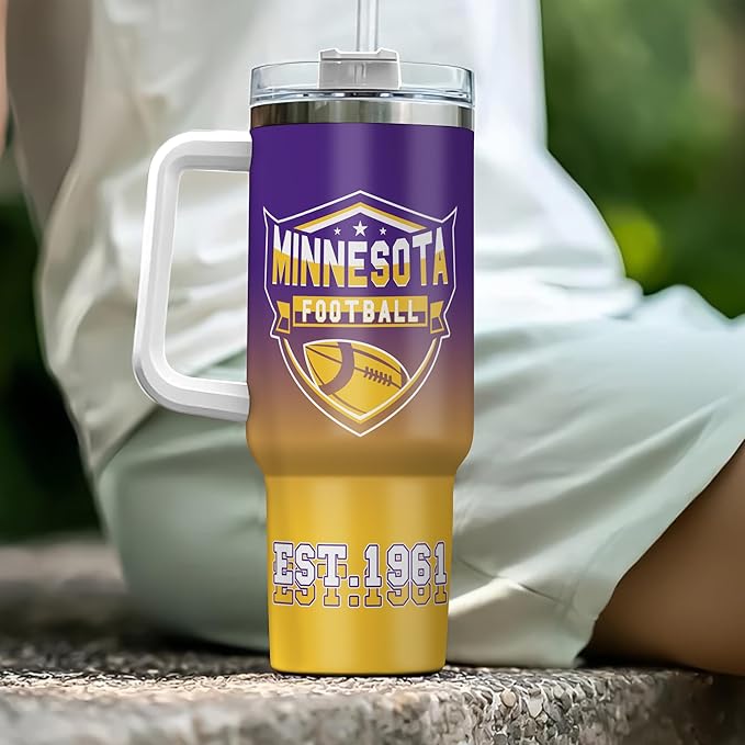 Custom Football Tumbler with Handle & Straw, Personalized 40oz Stainless Steel Insulated Travel Mug, Name & Number Cup, Sports Gift for Game Day Fans (Minnesota)