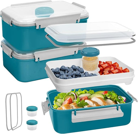 3 Pack Salad Lunch Box Food Storage Containers, 47oz Bento Box To Go Container with Lids, Meal Prep Containers with Removable Tray & Dressing Pots for Kids and Adults, Reusable and Microwave Safe