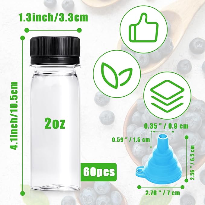 60 Pcs 2 Oz Small Plastic Bottles for Liquids,Ginger Shots Bottle with Cap,Mini Travel Containers for Juice,Liquids,Whiskey,Milk(Black)