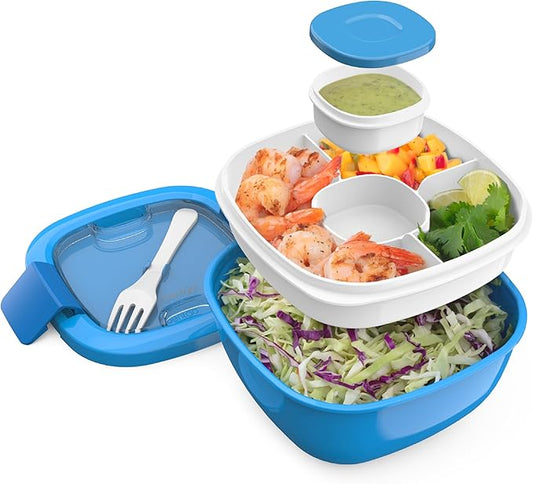 Bentgo Salad Container - 54 oz Bowl with 4-Compartment Toppings Tray, Leak-Proof Dressing Container, Reusable Fork, BPA-Free Lunch Box for Meal Prep & Food Storage; Removable Bento Tray (Blue)